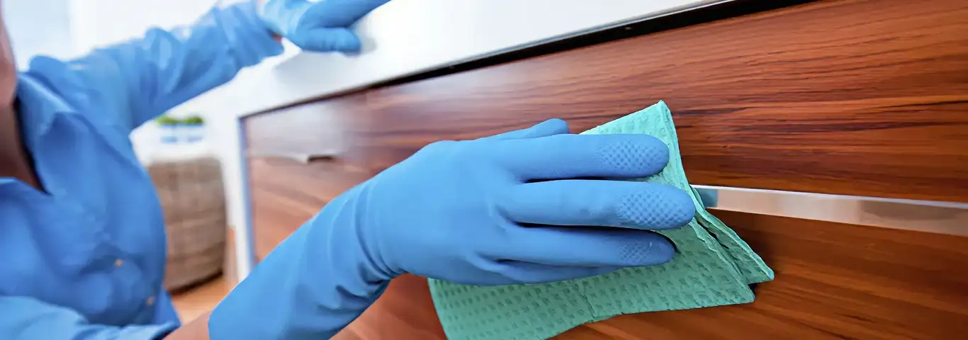 Cleaner wearing blue gloves wiping a wooden cabinet drawer with a microfiber cloth for dust and grime removal, Sioux Falls, SD.