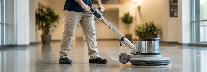 Professional technician using an industrial floor buffer to polish and maintain shiny commercial flooring in a corporate hallway in Sioux Falls, SD.
