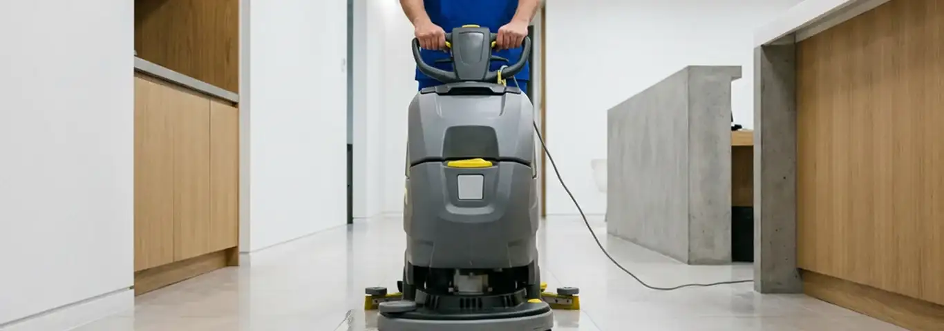 Janitorial staff using a floor scrubber machine to clean a commercial hallway, Sioux Falls, SD.