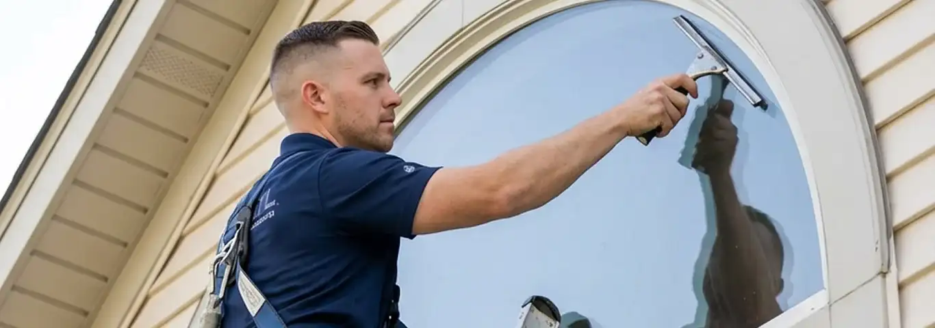 Professional window cleaner using a squeegee to clean an exterior arched window on a home, Sioux Falls, SD.