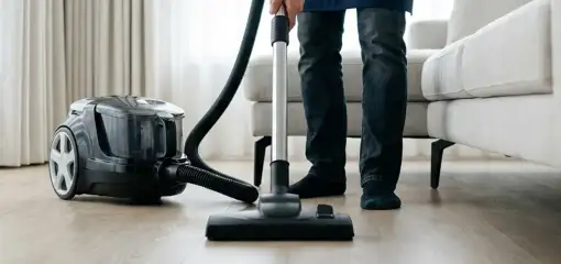Professional house cleaner vacuuming a living room floor with a canister vacuum cleaner, Sioux Falls, SD.