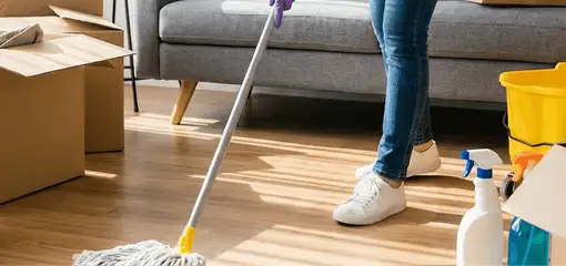Move-out cleaning setup with a cleaner mopping hardwood floors near moving boxes and cleaning supplies, Sioux Falls, SD.