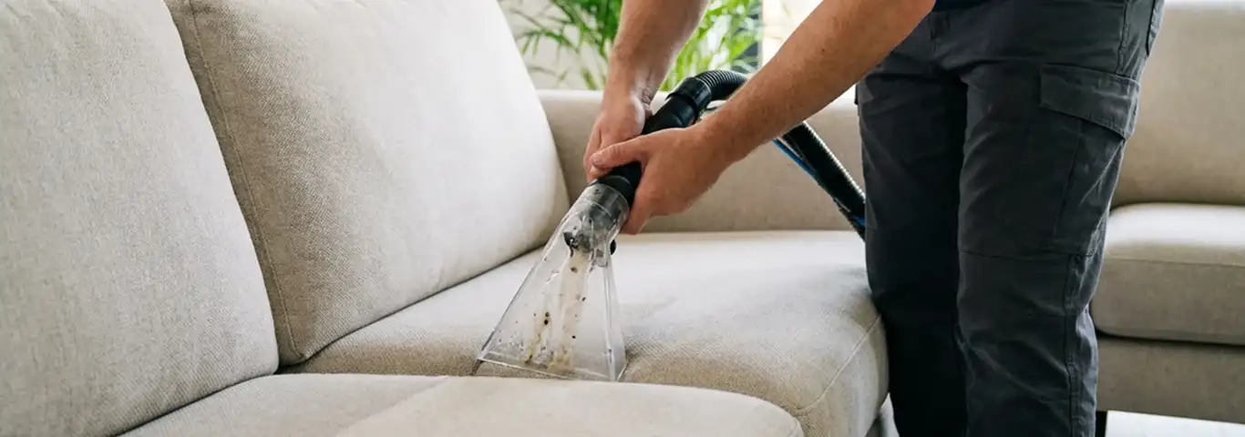 Technician extracting dirt and moisture from a fabric sofa with an upholstery cleaning wand, Sioux Falls, SD.