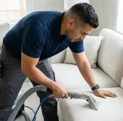 Professional upholstery cleaning technician using an extraction wand to deep-clean a fabric sofa, Sioux Falls, SD.