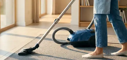 Person vacuuming a living room rug with a canister vacuum cleaner near large windows, Sioux Falls, SD.